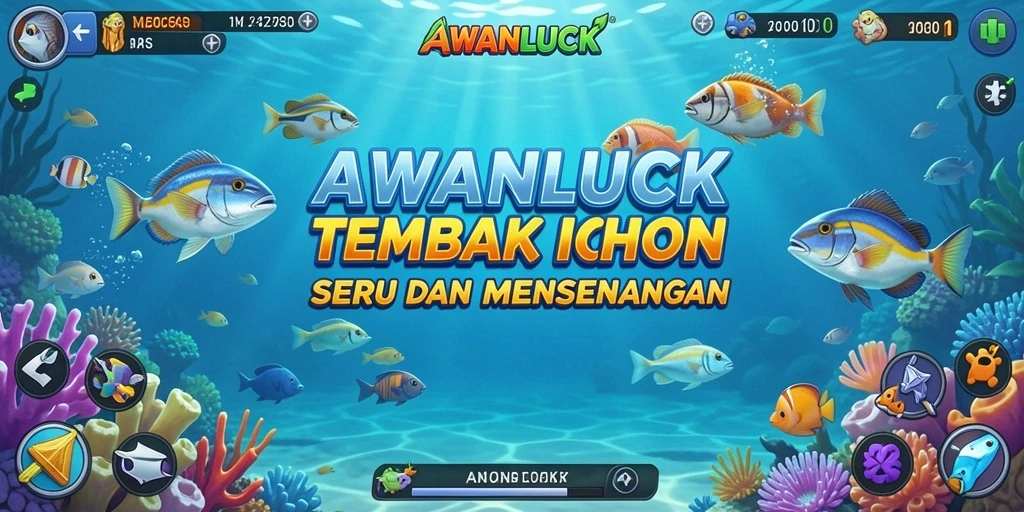 Gameplay seru AWANLUCK dengan berbagai ikan yang menunggu untuk ditembak.
