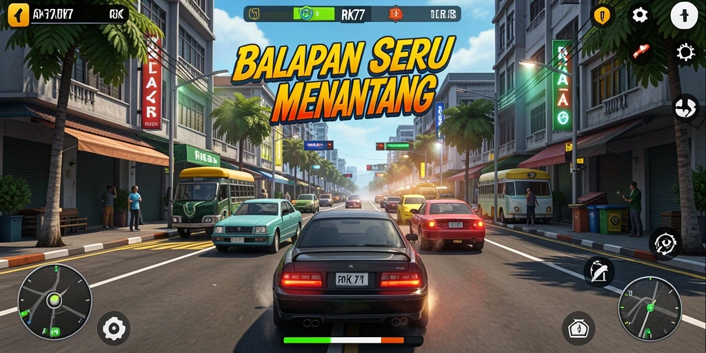 Screenshot gameplay RK77 dengan balapan seru dan grafis menawan.